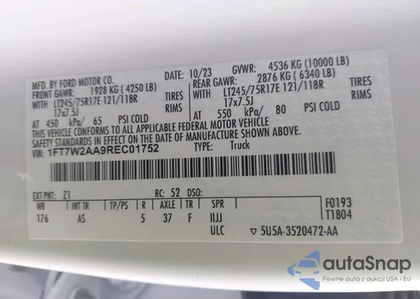 2024 Ford F250 Super Duty из США, поврежденный, VIN 1FT7W2AA9REC01752